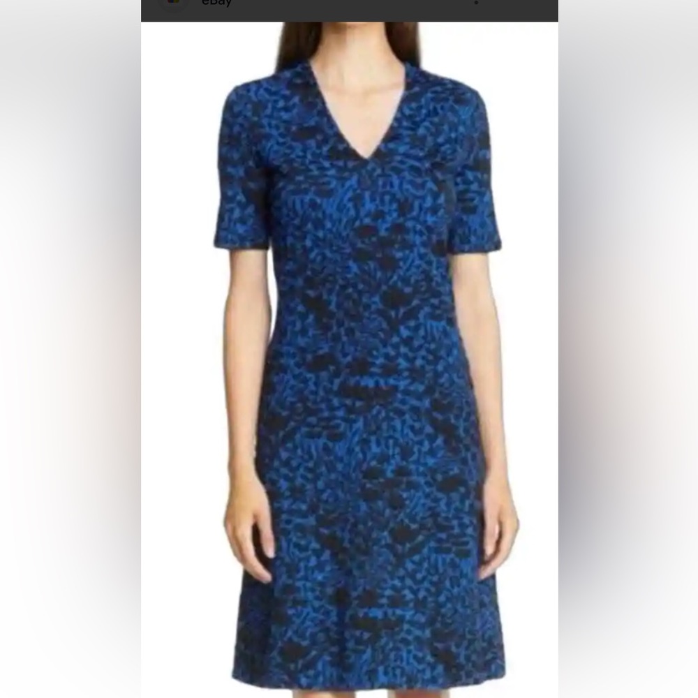 NWT St. John Collection Nordstrom Black Blue Floral Jacquard Dress Sz 14